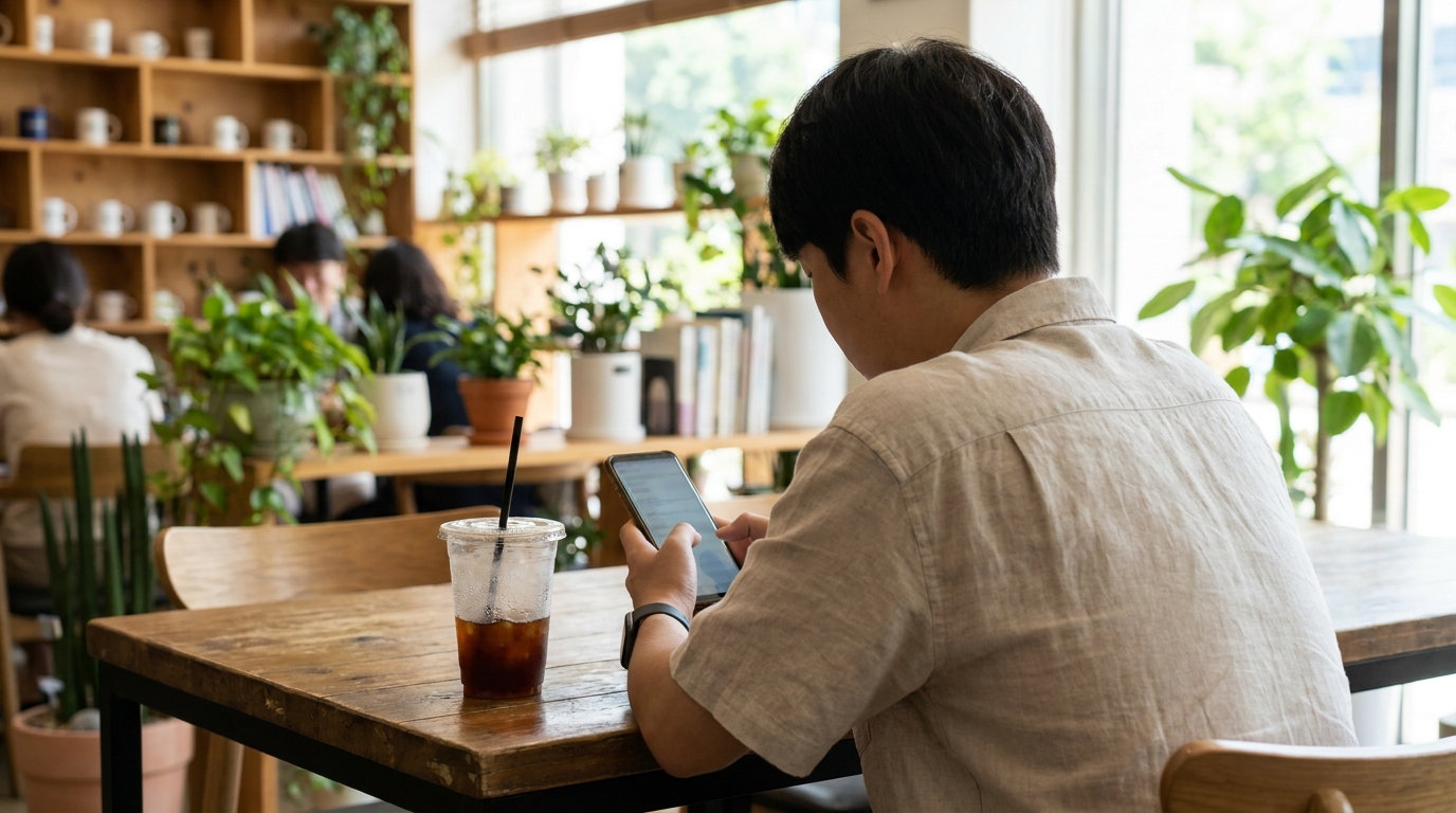 콜파파 멤버십 가입자가 발급받은 대표번호를 주변에 알리는 홍보 장면 / IMG2_SCENE=발급받은 대표번호를 지인과 단골 가게에 문자·명함으로 알리는 홍보하는 사람의 모습