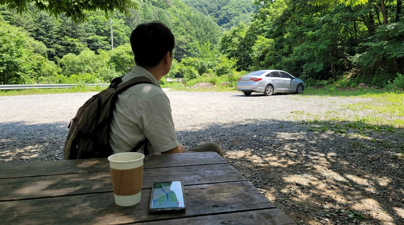가온기사 소속으로 일하는 탁송 대리기사의 스마트폰 배차 화면 / IMG3_SCENE=기사가 차 안에서 탁송 배차 앱 화면을 확인하는 손 클로즈업, 운전대와 스마트폰이 함께 보이는 장면.